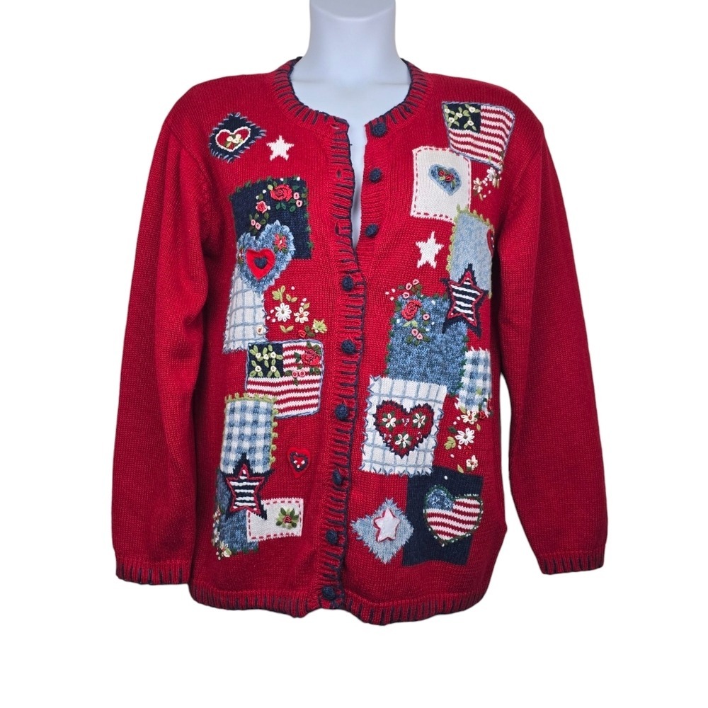 Stitches In Time Womens Long Sleeve Patchwork Knit Cardigan Sweater Size M